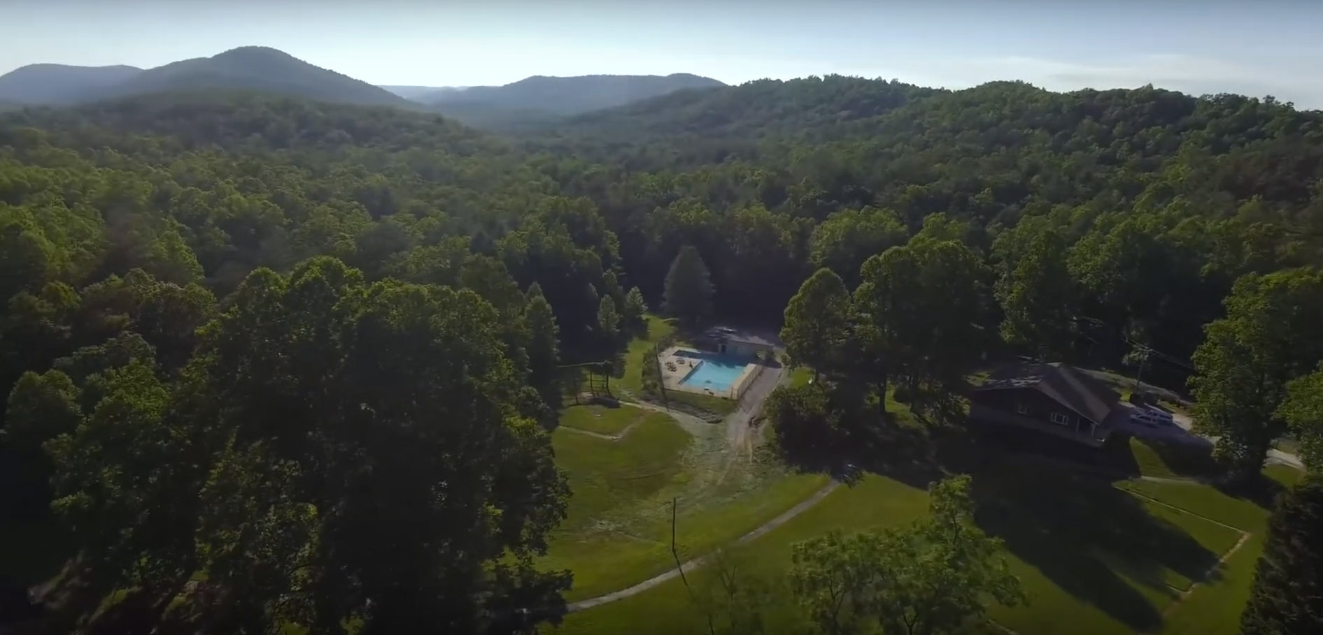 Aerial drone view of Talisman Camps campus in the Blue Ridge Mountains